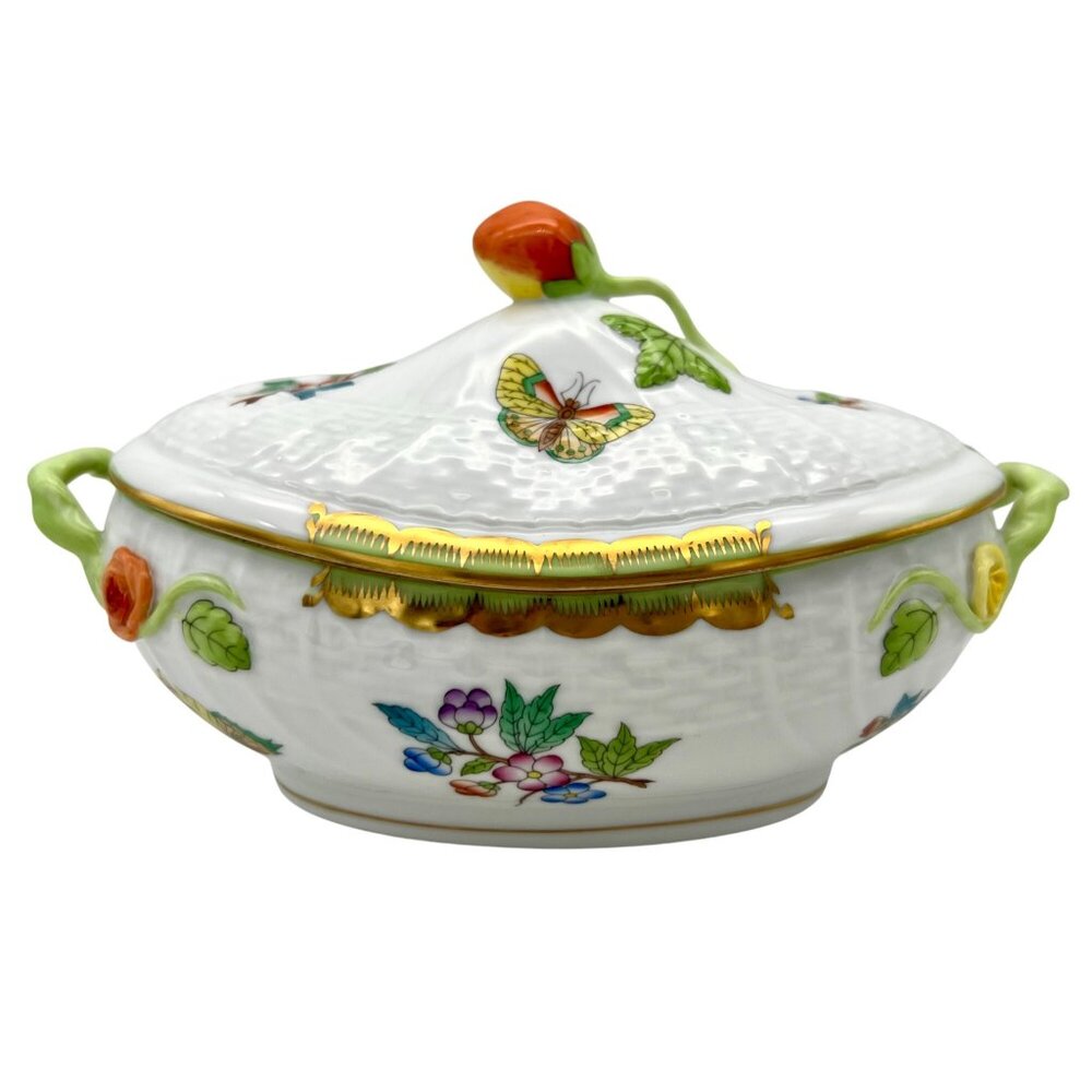Herend Queen Victoria VBA Sugar Basin Candy Bon Bon Covered Dish Green Border - Picture 2 of 16